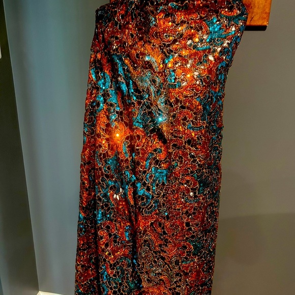 5 Yards Blue & Orange African Cord Guipure Lace Crystals Fabric - Picture 5 of 9